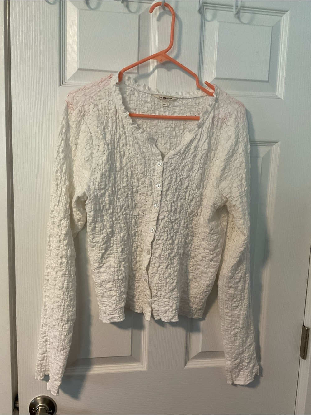 Lucky Brand White Crinkle-Knit Button Cardigan